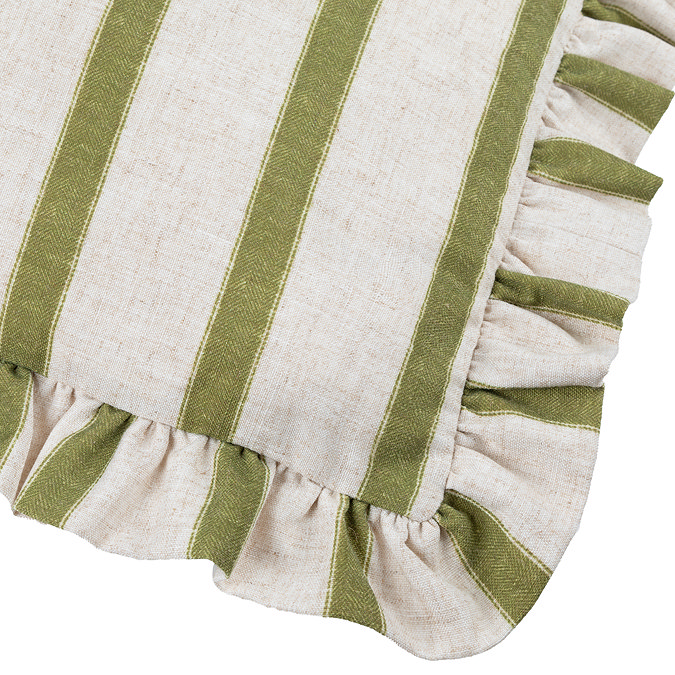 close up on green and linen striped pattern of connie rectangular cushion.