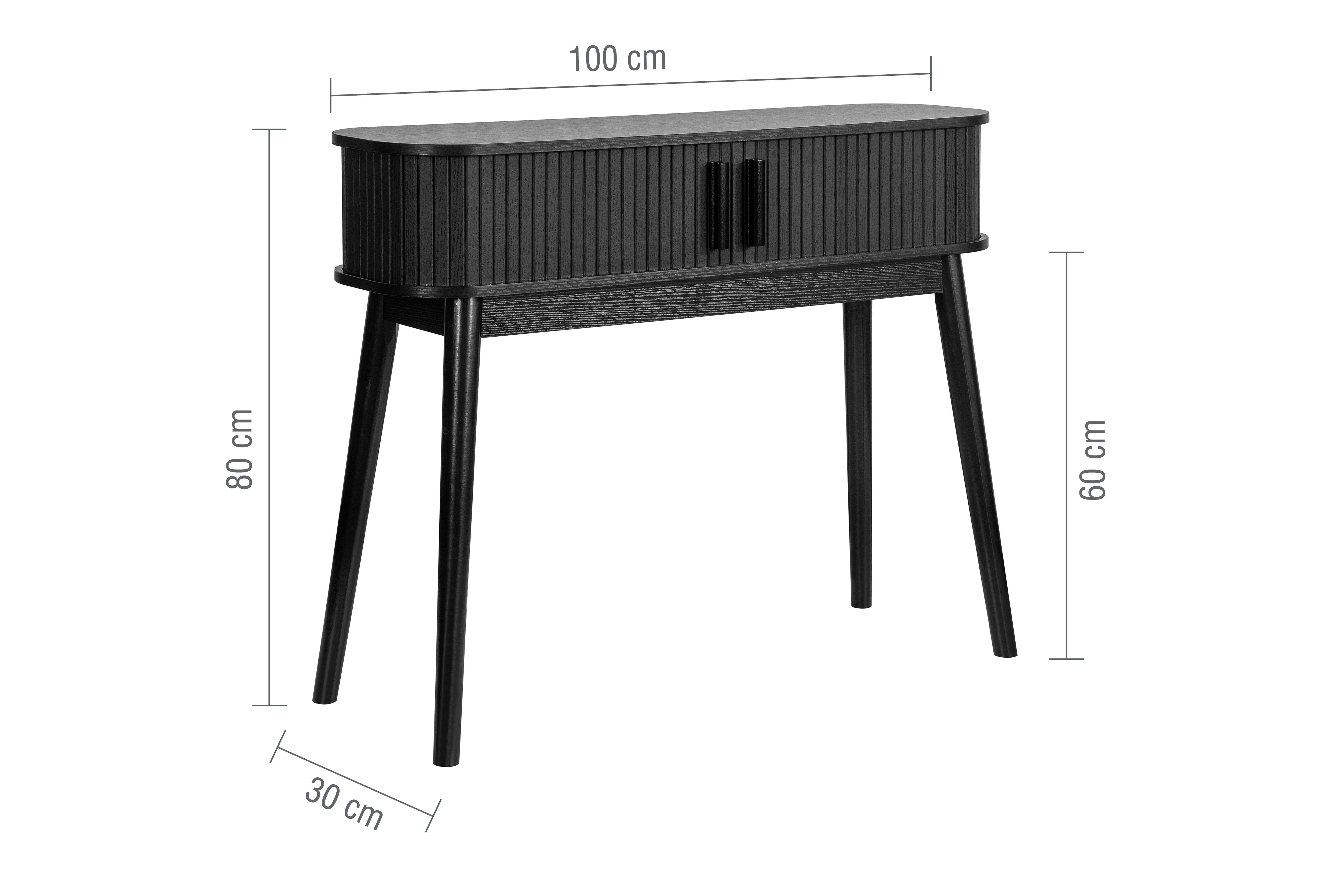 image of black console table, cut out on white background with lines to indicate item dimensions: 100x80x30cm.