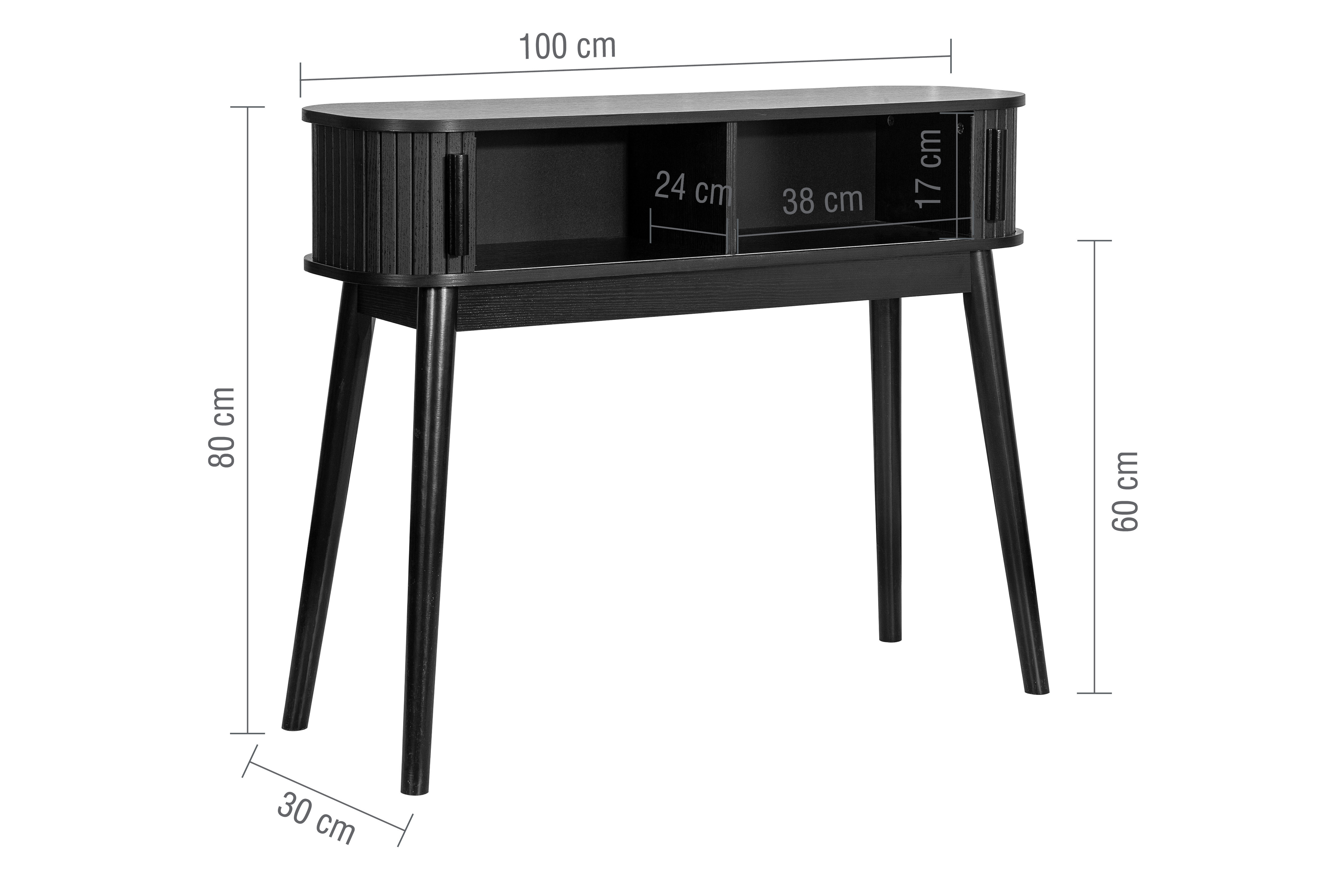black console table with doors open, image cut out on white background and lines to indicate dimensions of inner storage compartments: 24x38x17cm.