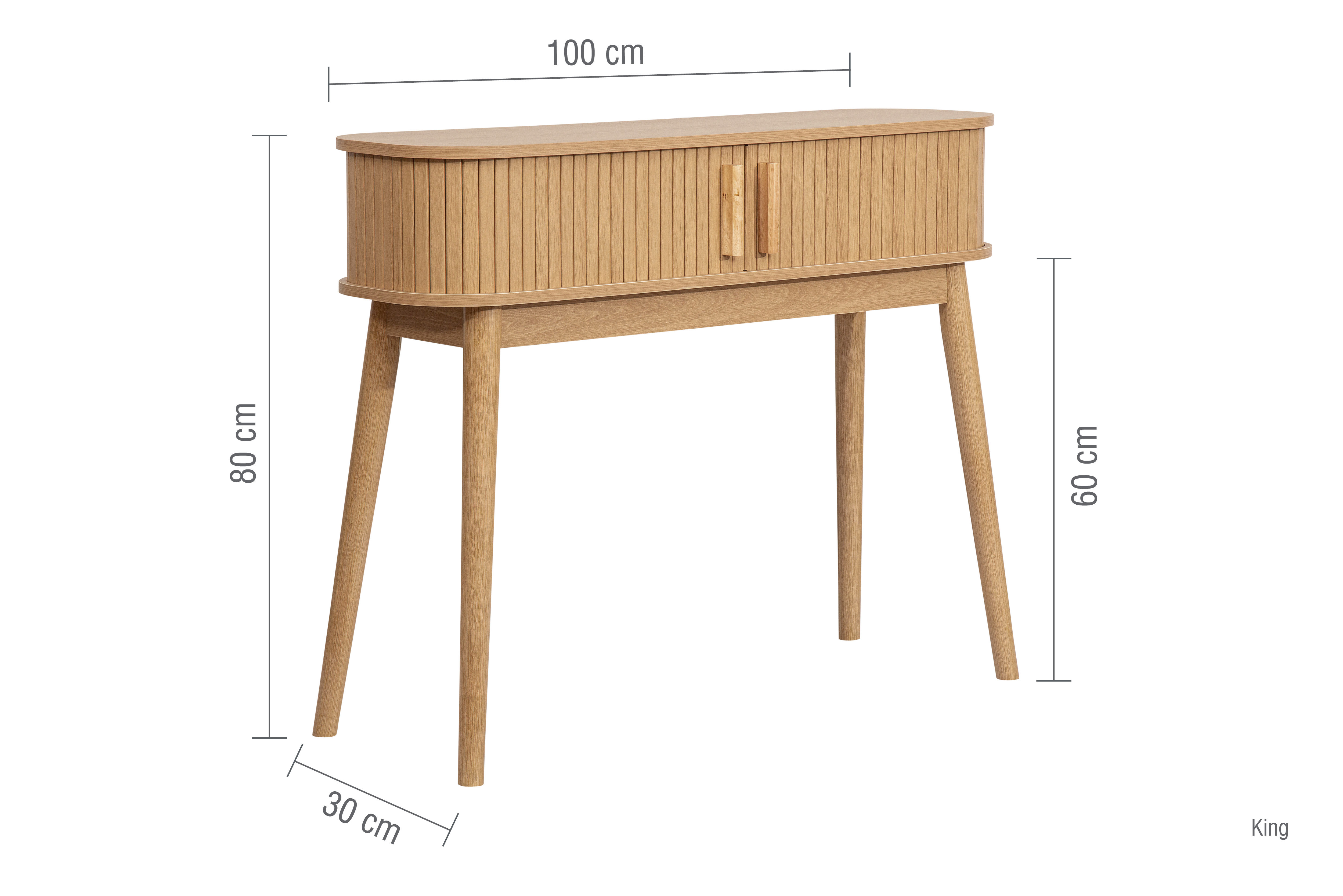 console table in oak, image cut out on white background with lines to indicate dimensions: 100x80x30cm