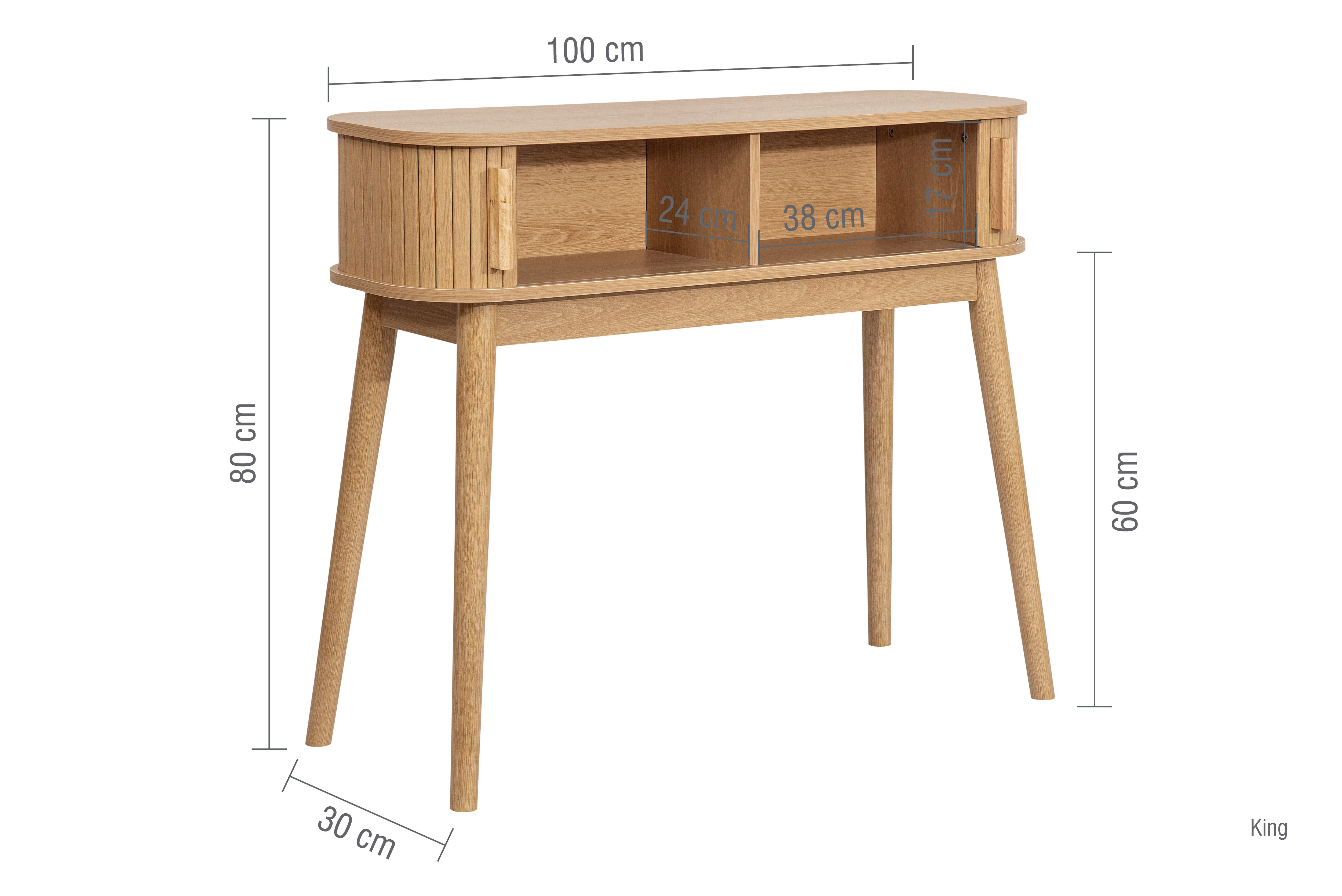 oak console table with drawers open, image cut out on white background with lines to indicate size of inner storage compartments: 17x38x24cm