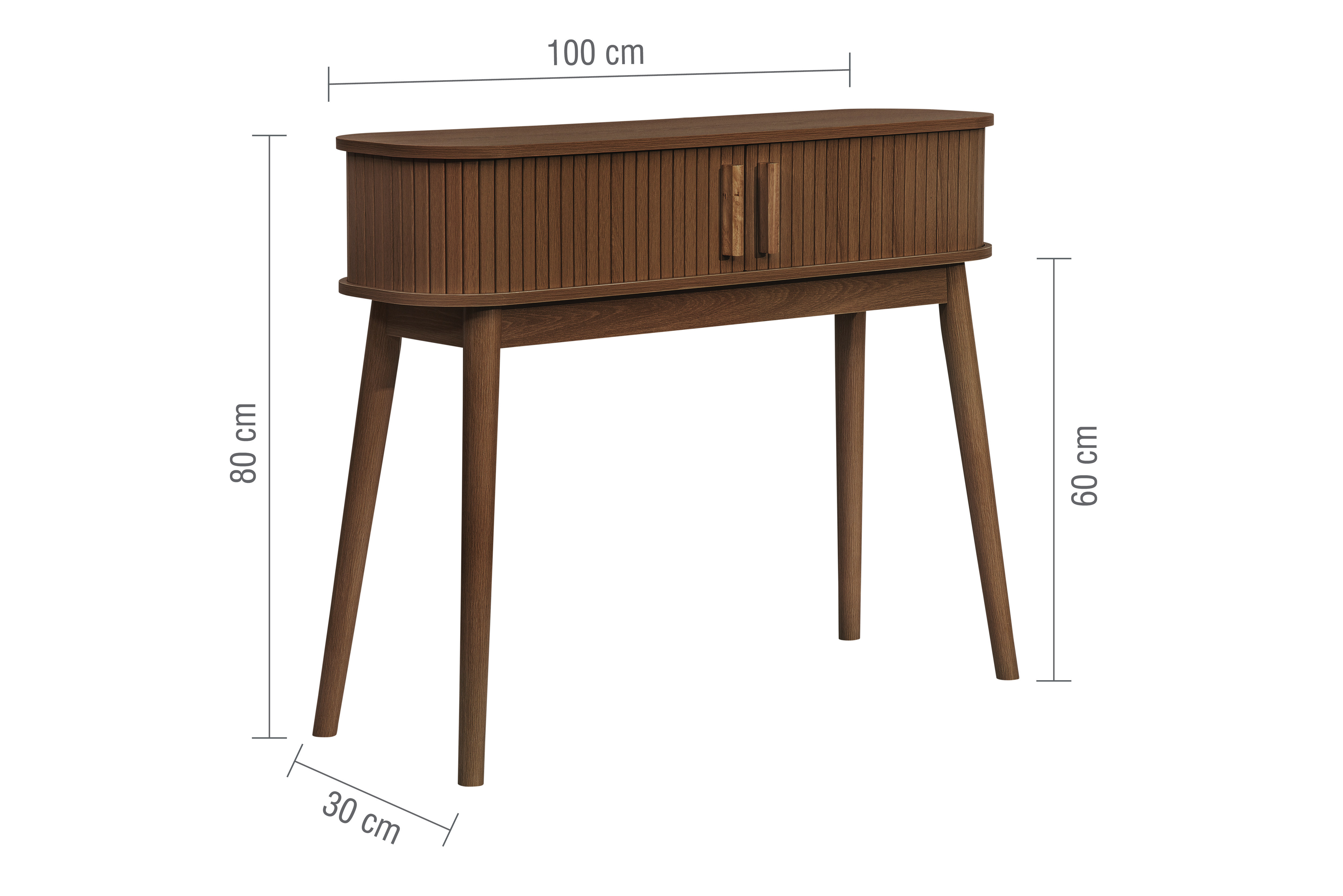 image of walnut console table, cut out on white background, with lines to indicate dimensions: 100x80x30cm