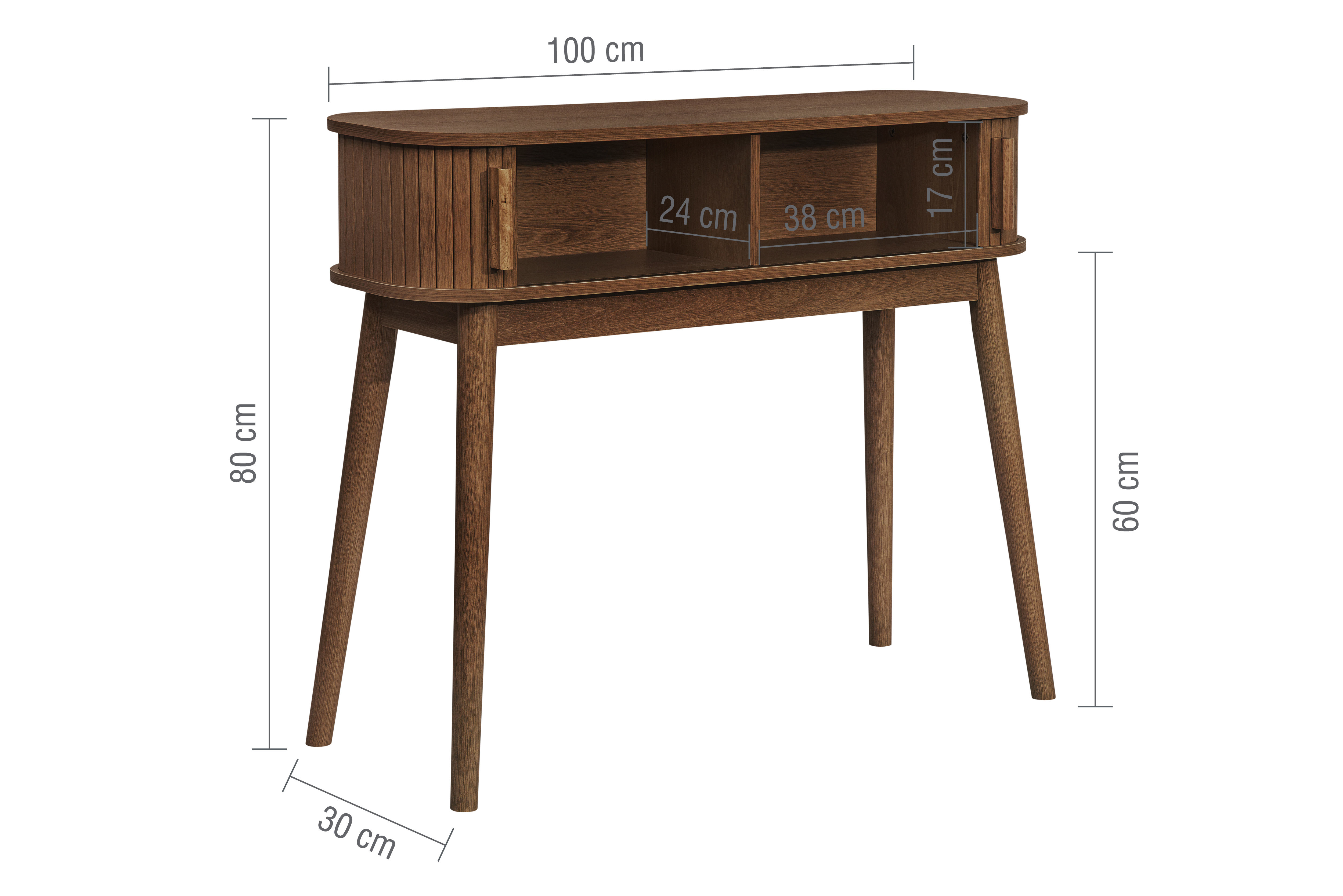 walnut console table with doors slid open, image cut out on white background with lines to indicate dimensions of inner storage space: 24x38x17cm