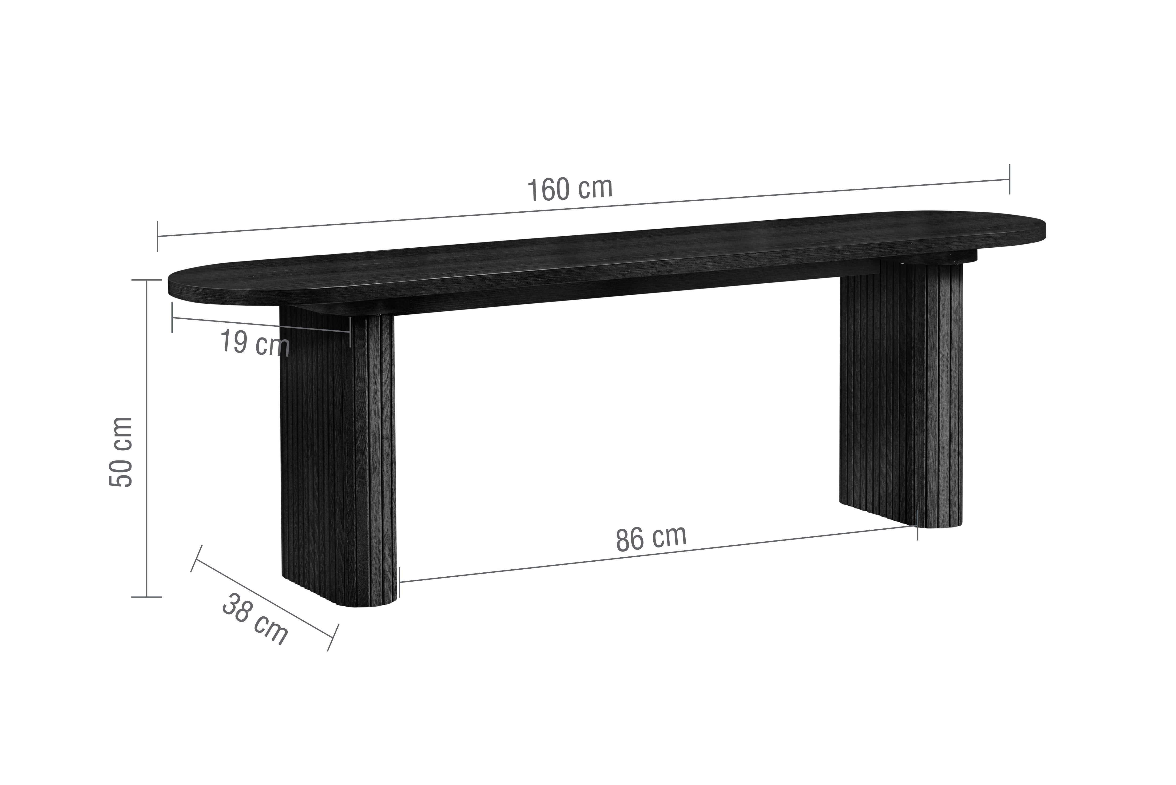 image cut out on white background of black dining table with fluted legs, with black arrow line dimensions to show size