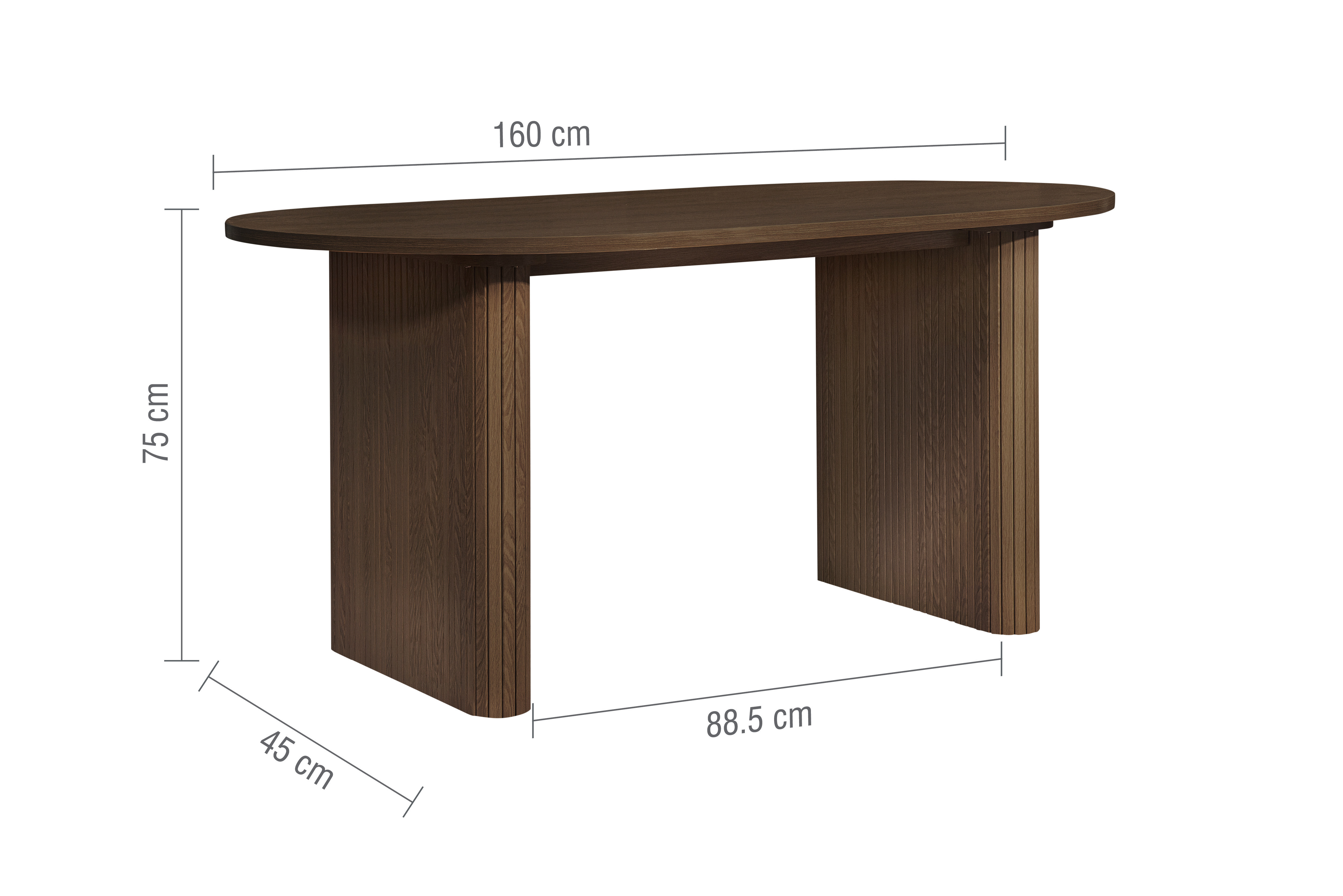 image cut out on white background of round walnut oval dining table with fluted legs