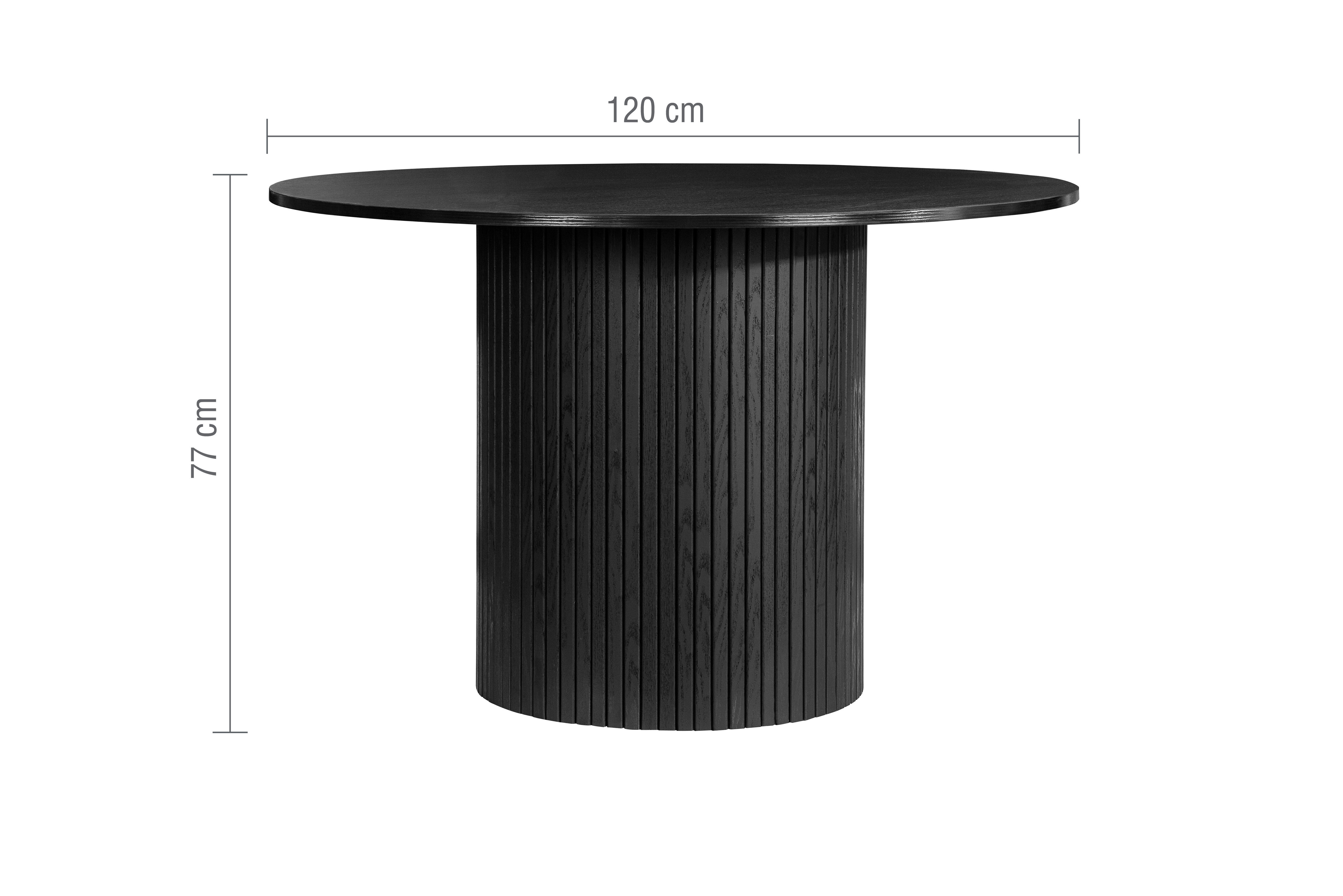image cut out on white background of black wood effect round dining table with fluted cylindrical base, with black arrow line dimensions to show size
