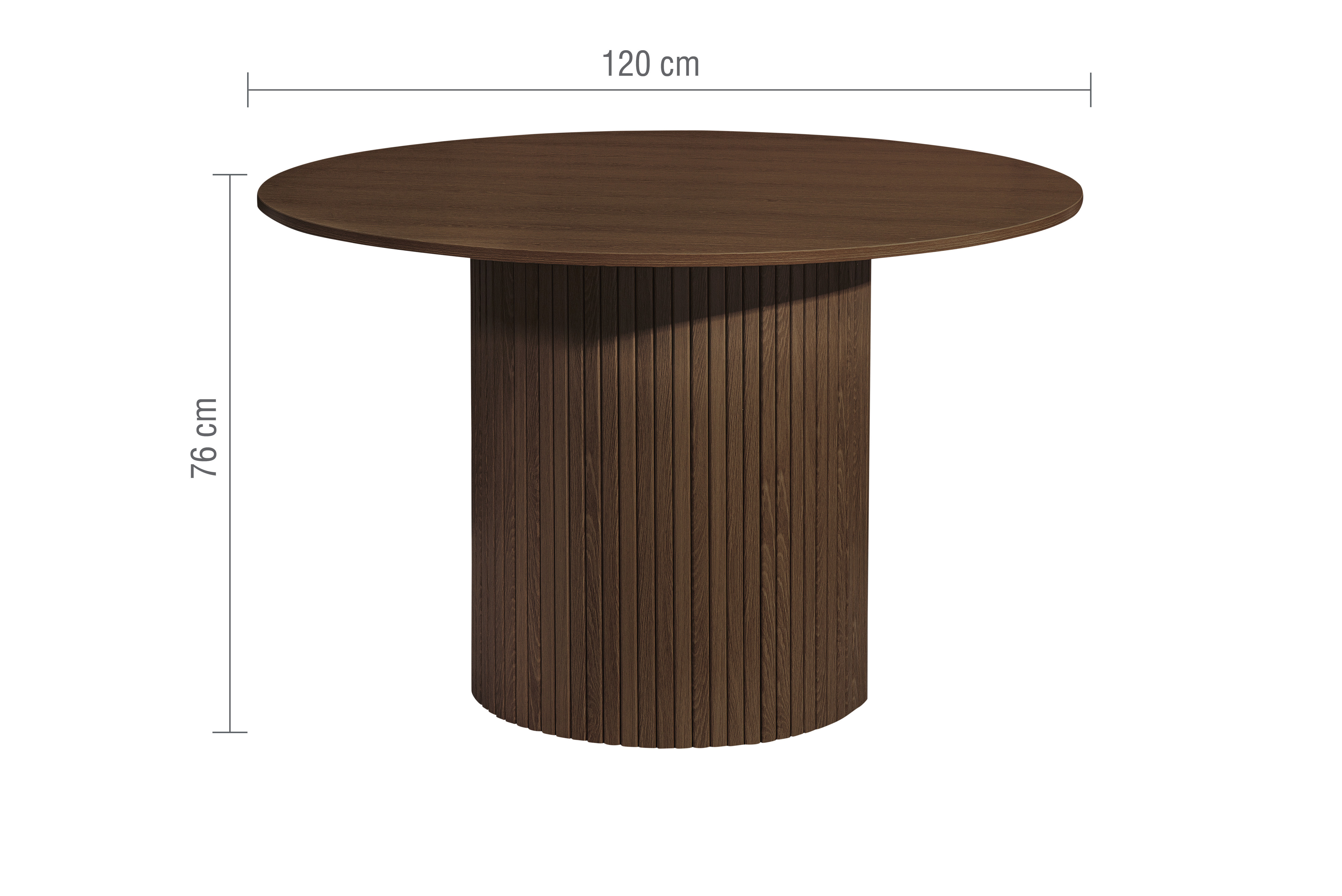 image cut out on white background of round walnut brown fluted dining table