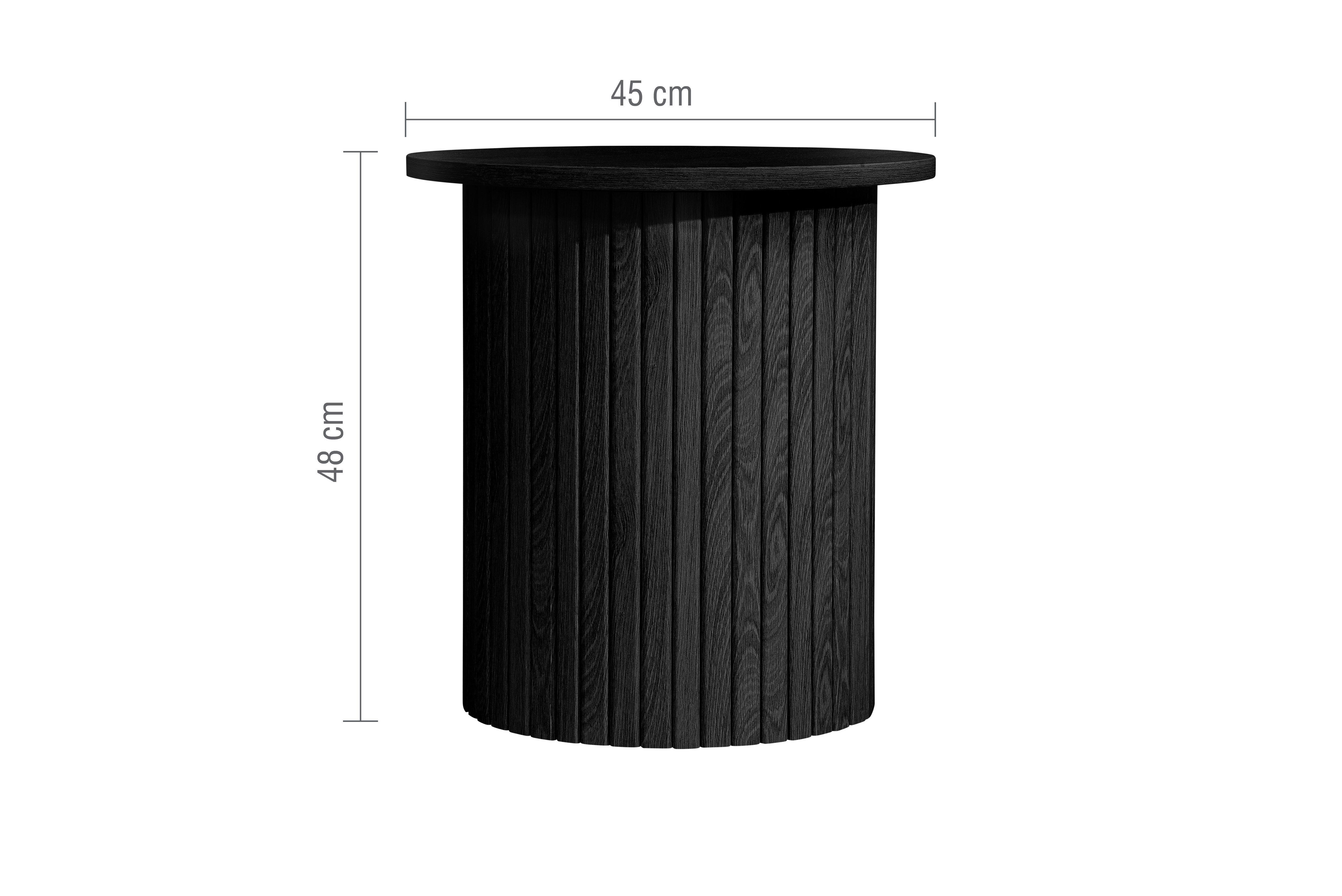 image cut out on white background of black fluted wood effect side table with cylindrical base