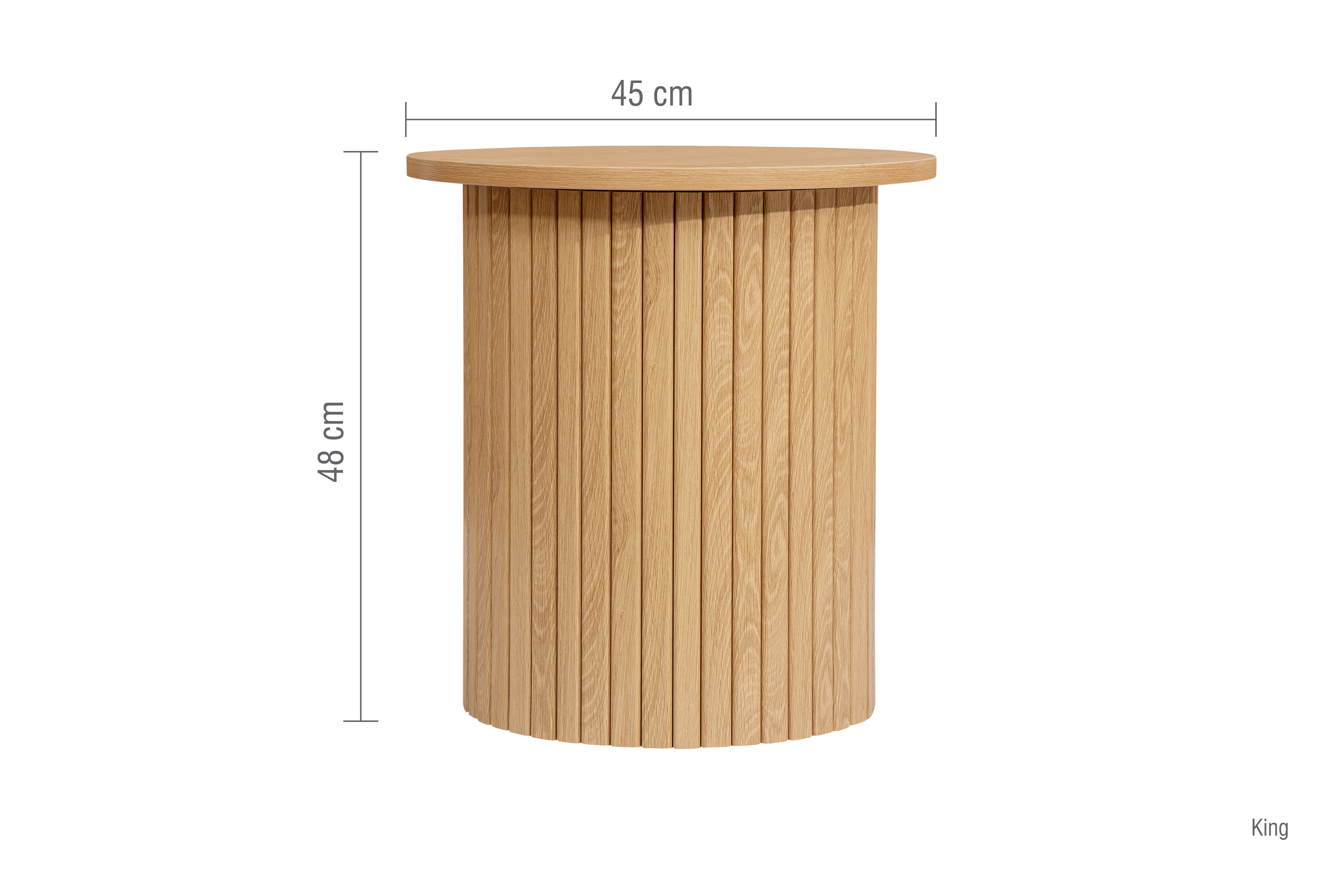 image cut out on white background of oak fluted cylindrical side table, with black arrow line dimensions to indicate size