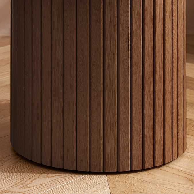 close up on fluted detail of walnut coloured side table