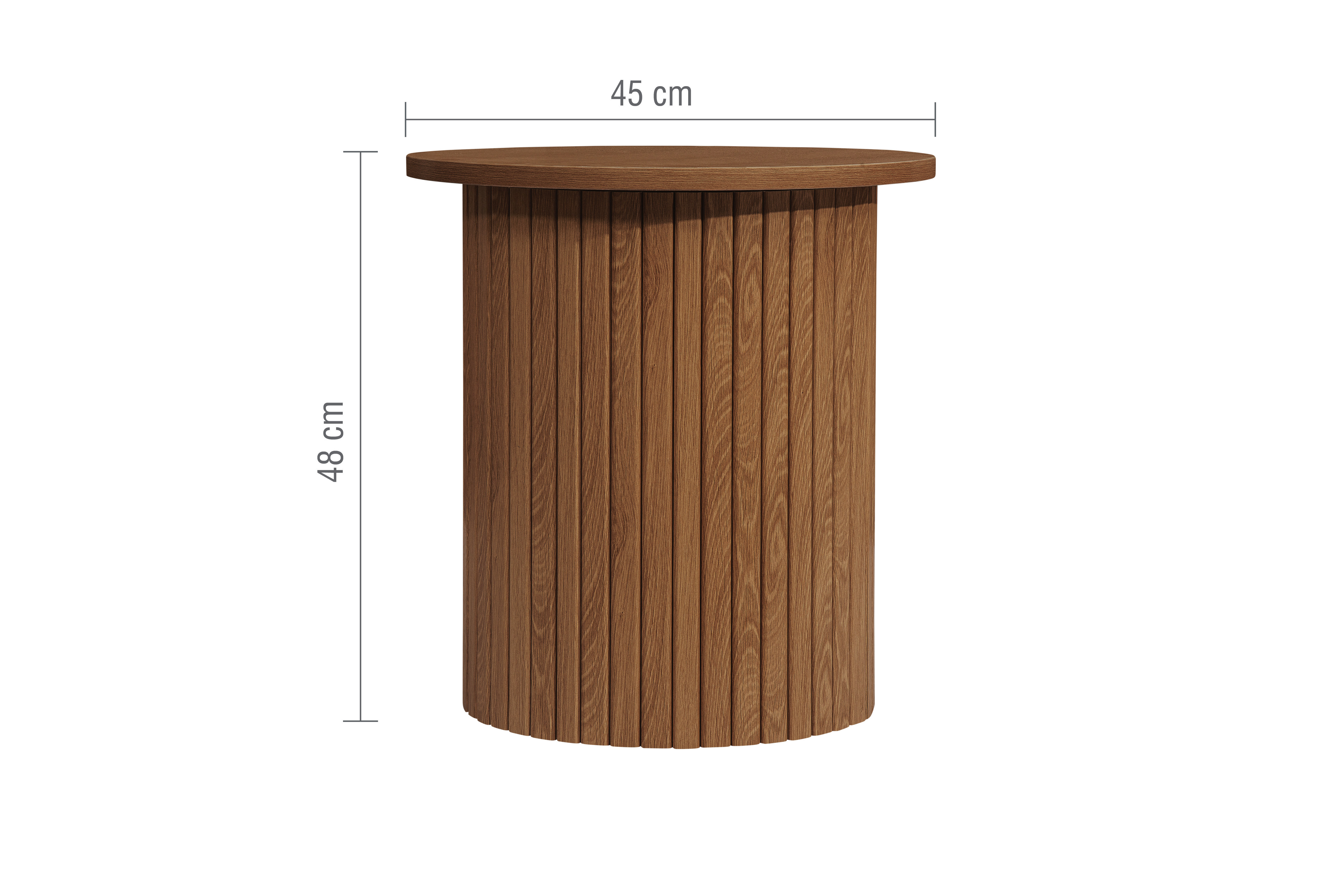 image of walnut fluted round side table, image cut out on white background with thin lines to indicate dimensions: 45x48cm.