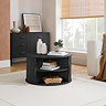 image of black round coffee table with drawers pulled open to show storage space within