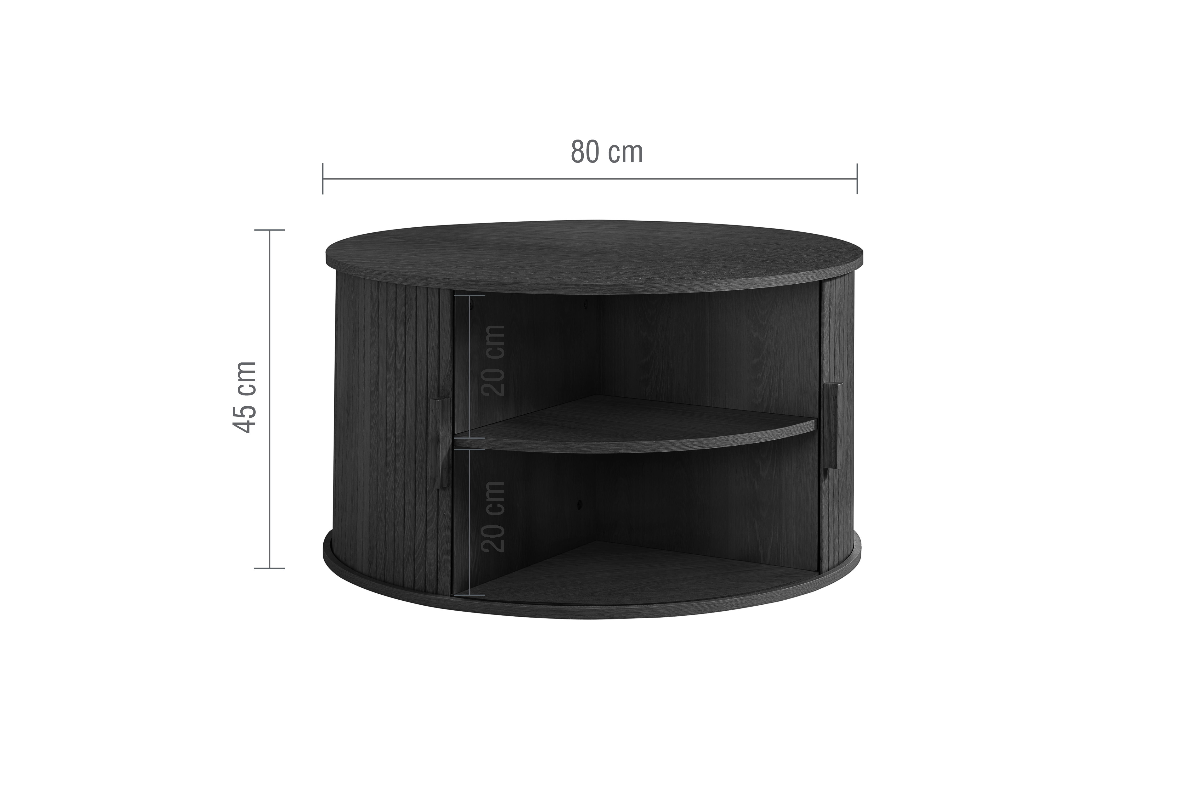 image cut out on white background of round black storage coffee table, with black arrow line dimensions to show size