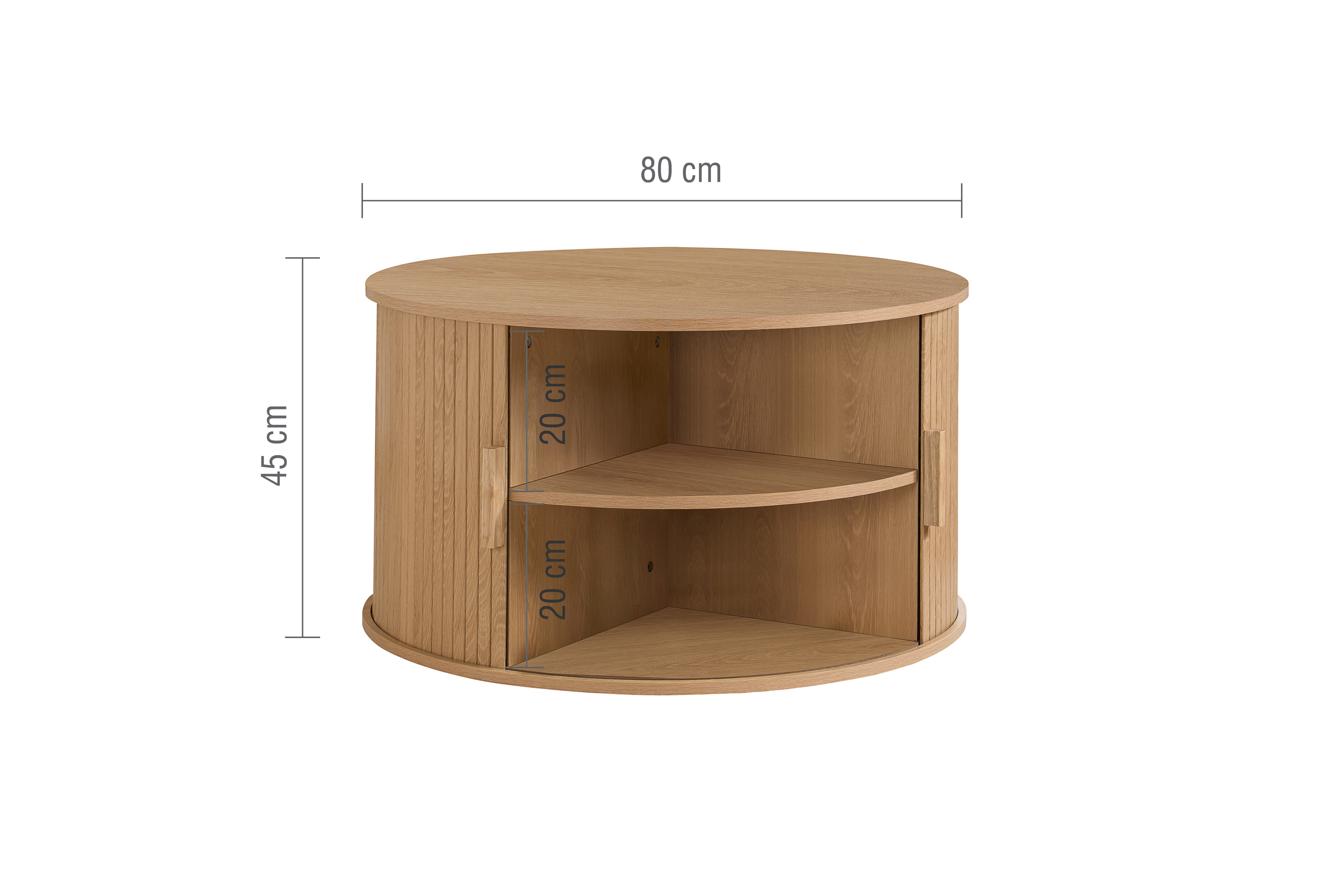 image cut out on white background of round fluted coffee table with storage shelves within, with black arrow line dimensions to show its size