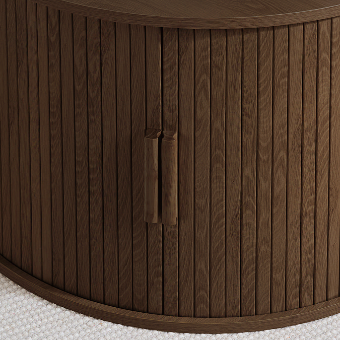 close up image of walnut brown storage table, fluted doors pulled close