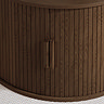 close up image of walnut brown storage table, fluted doors pulled close