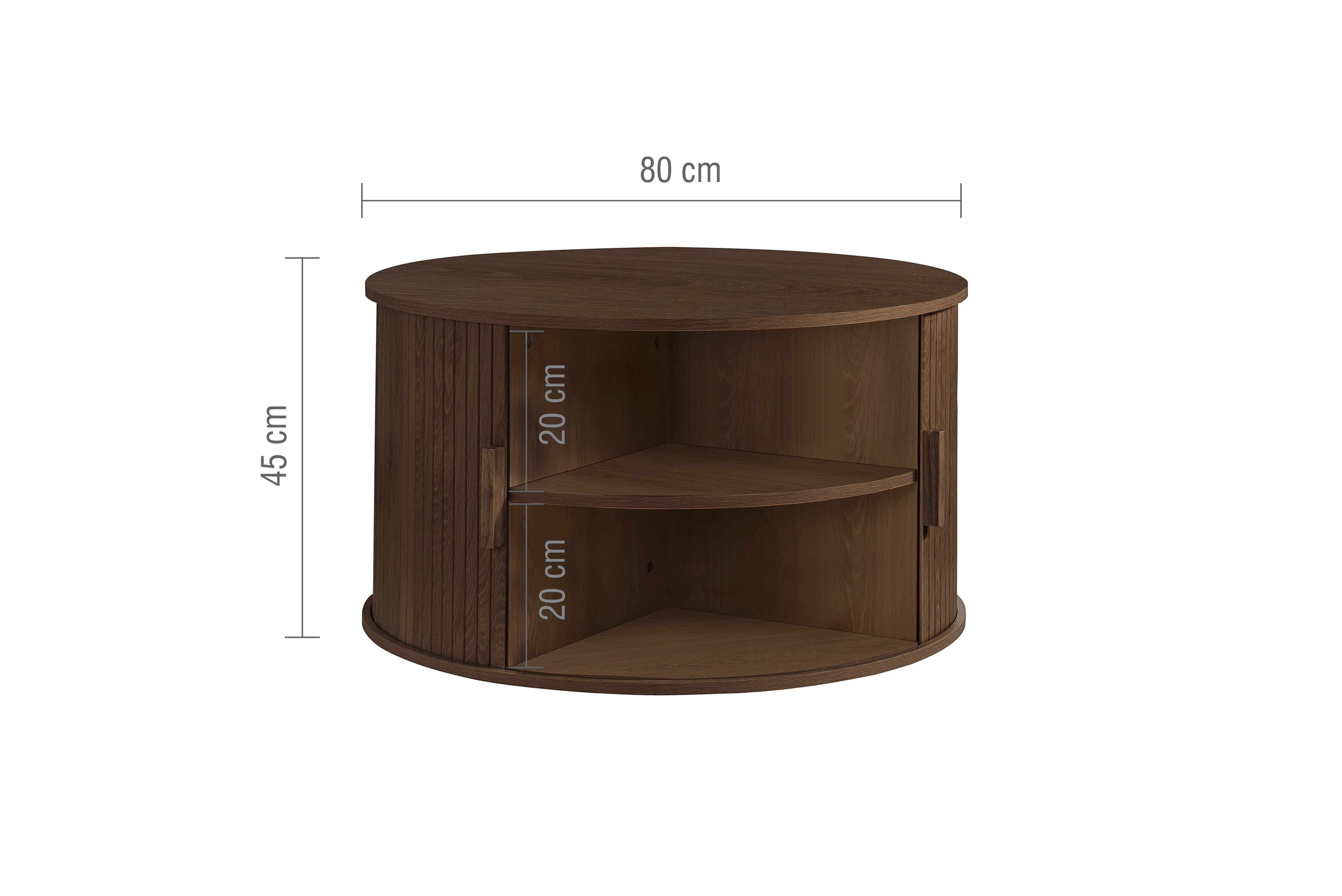 image cut out on white background of round walnut coloured coffee table with storage space inside, with black arrow line dimensions to show size