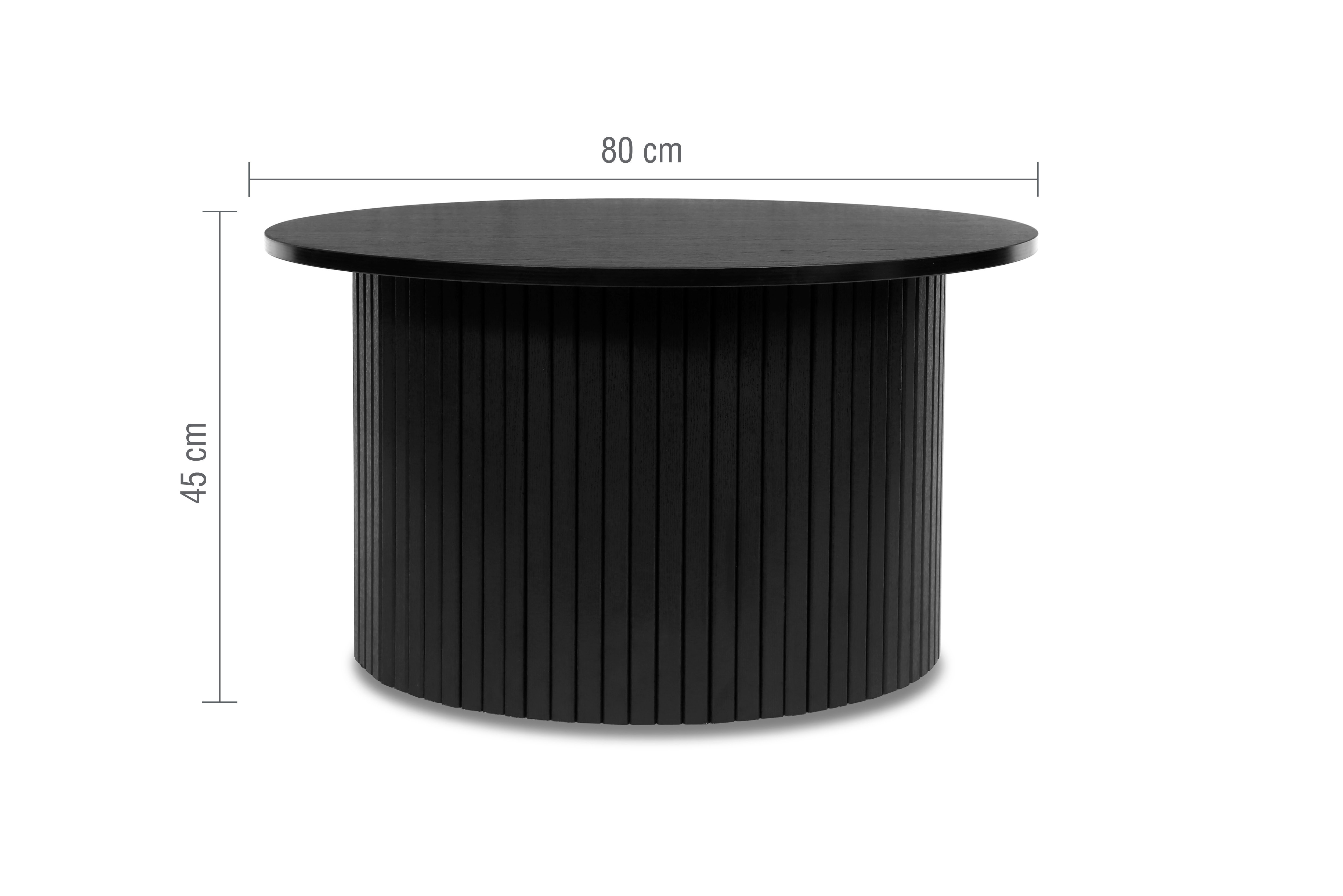 image cut out on white background of black fluted coffee table with black arrow line dimensions