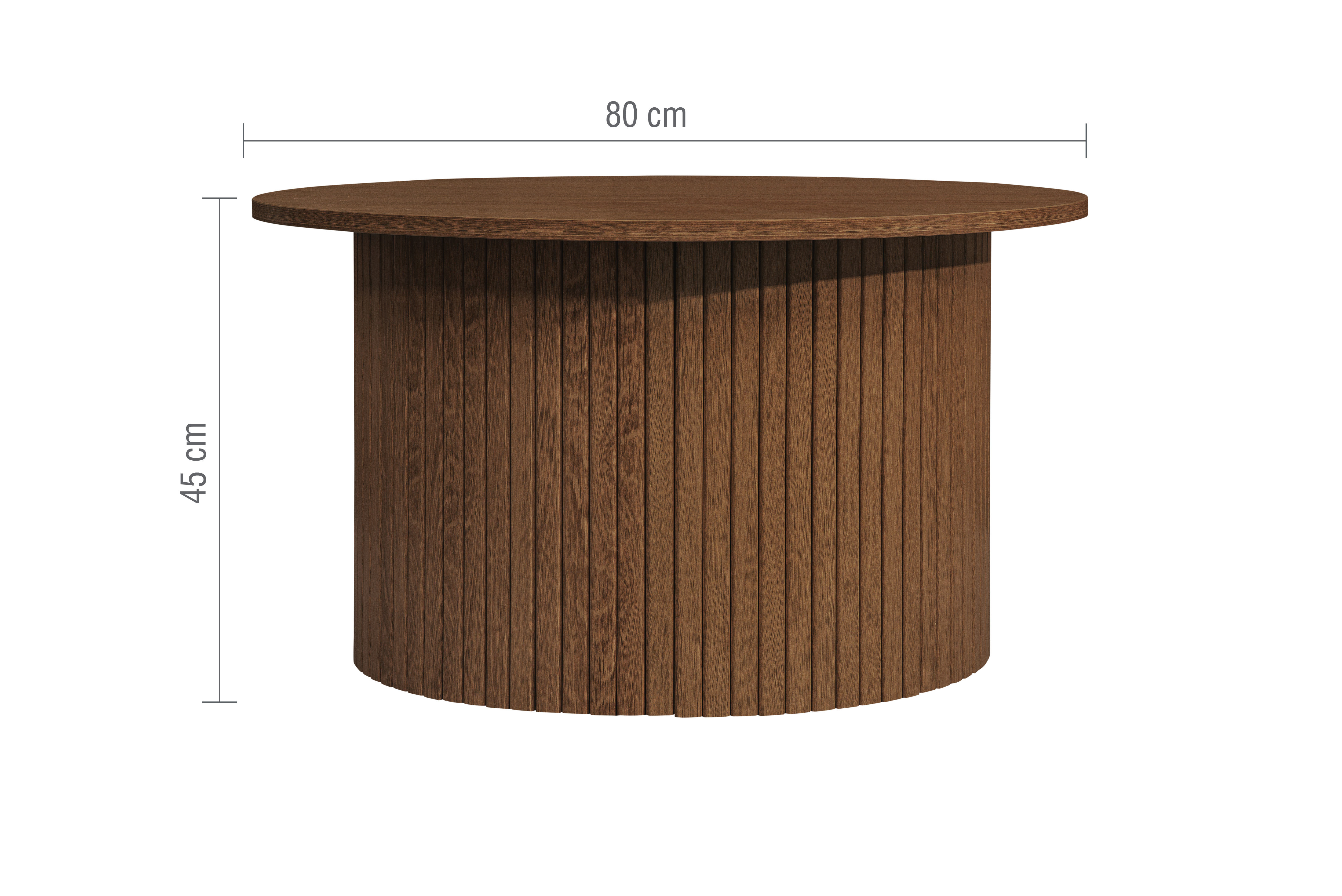 round walnut coffee table cut out on white background with lines to indicate dimensions of 80x45cm