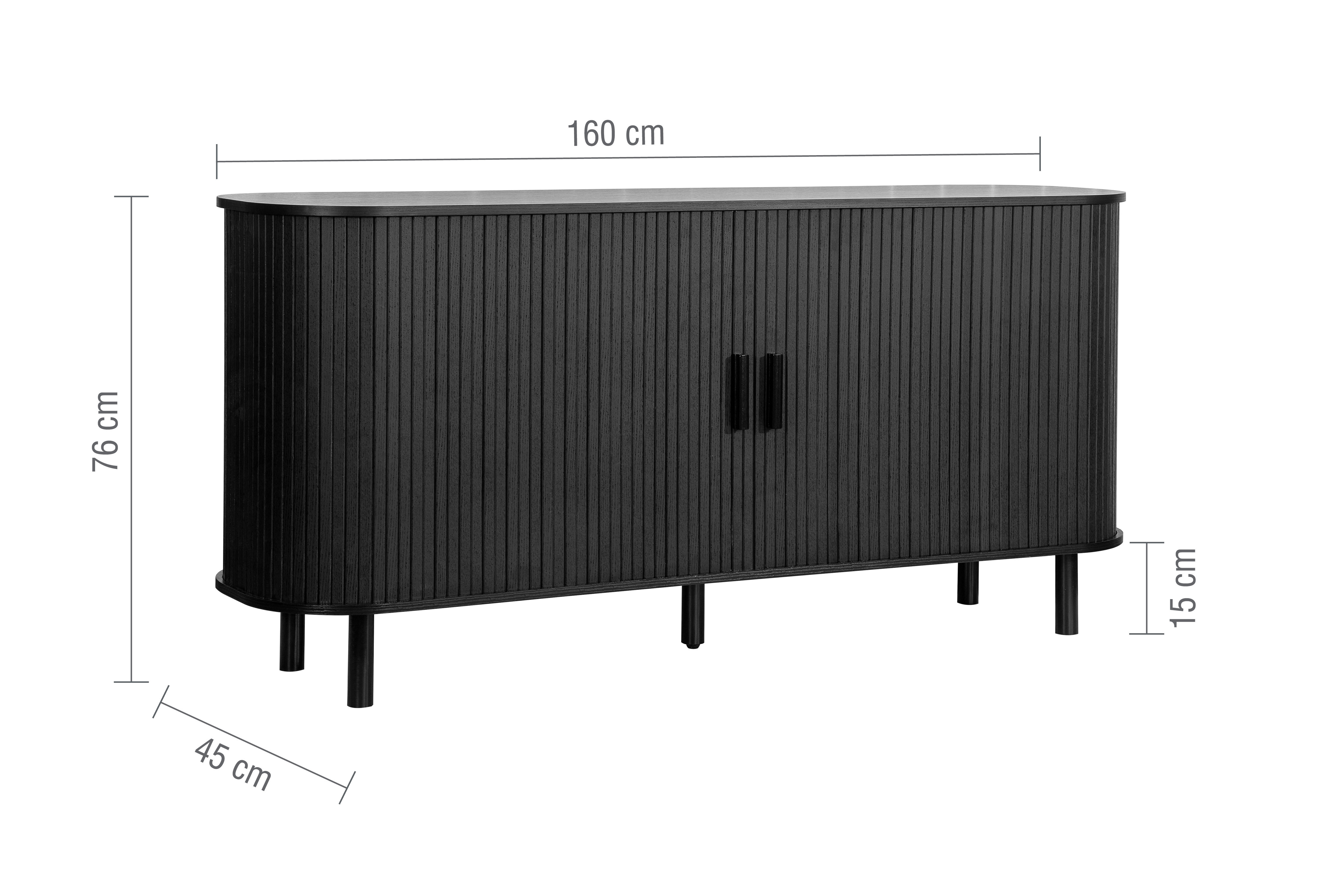 image cut out on white background of fluted 2 door black sideboard, with black arrow line dimensions