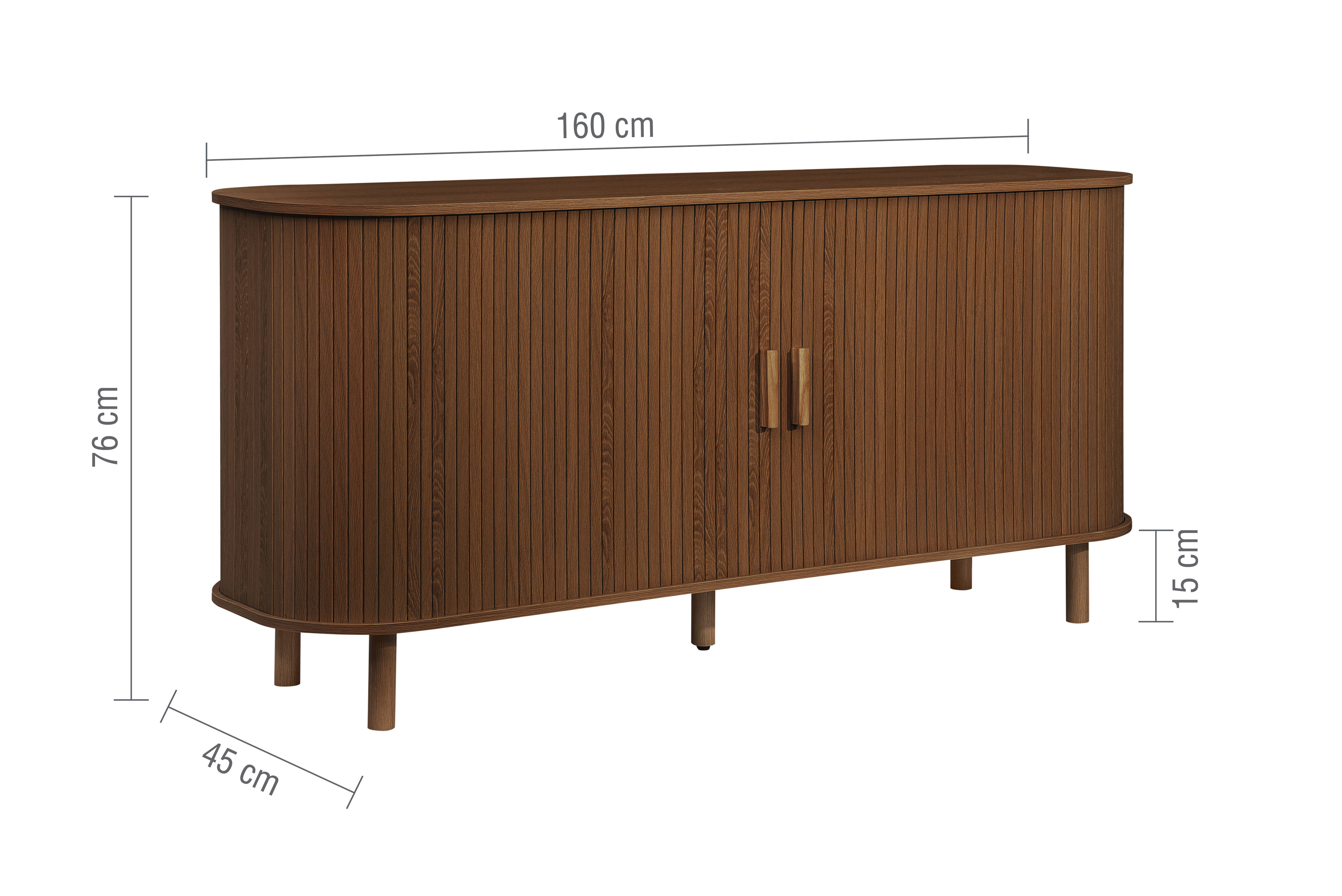 image of walnut rectangular sideboard with fluted detail, cut out on white background with lines to indicate dimensions of 160x76x45cm