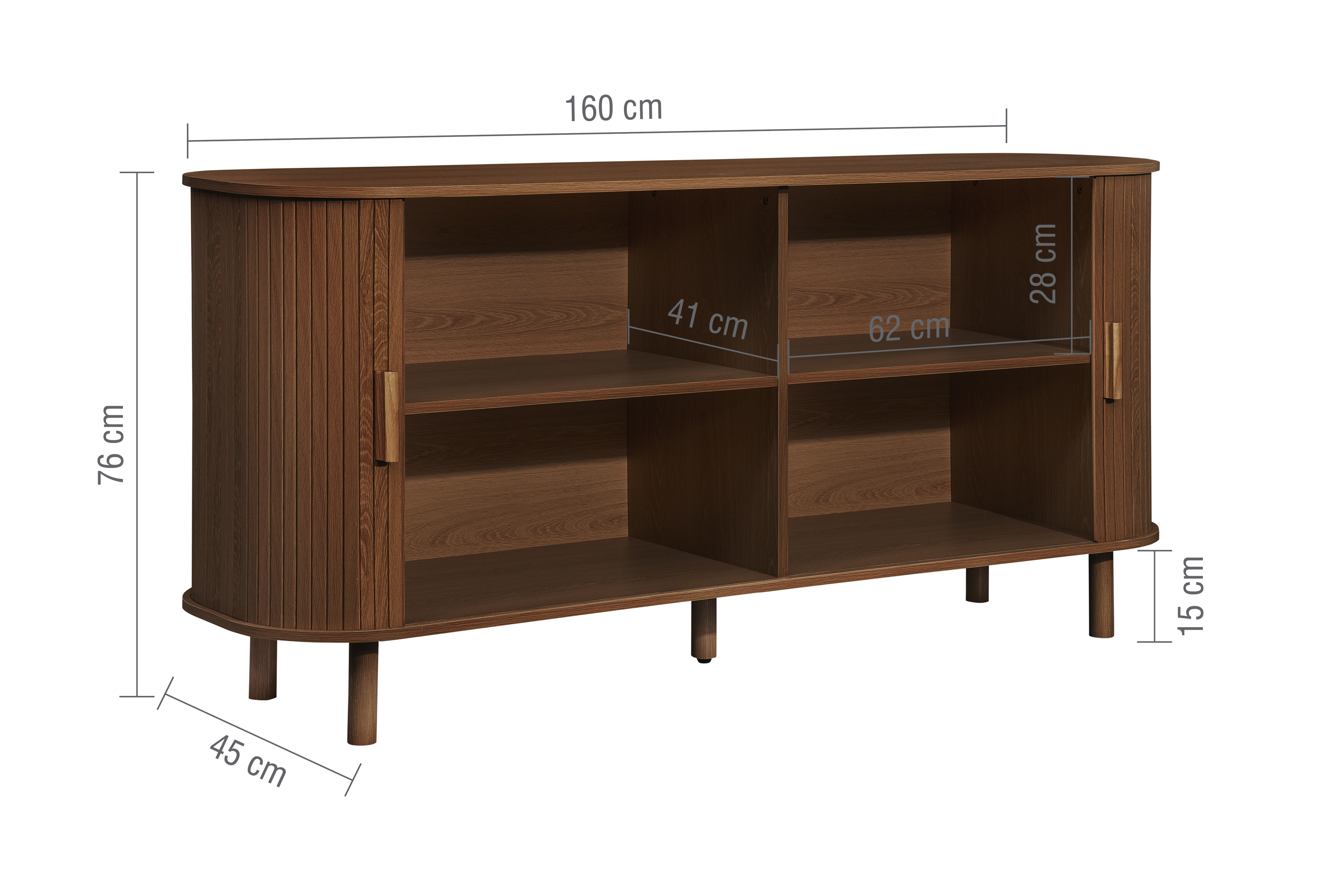 dimensions image for 2 door sideboard with doors open, showing size of each shelf space: 28x62x41cm 