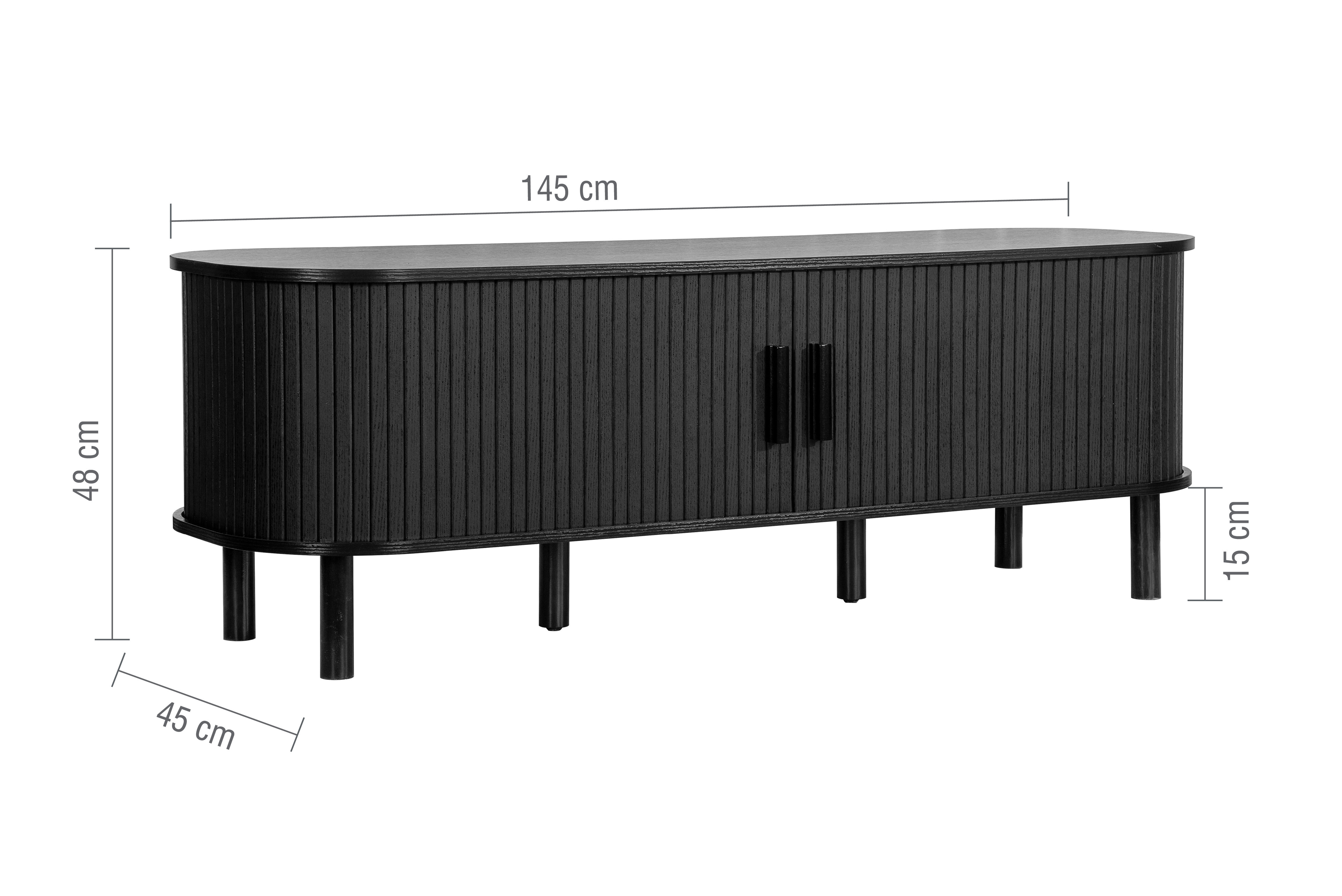 image cut out on white background of black fluted wood effect tv unit, with black arrow line dimensions