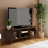 image of walnut wood effect tv unit with fluted doors open to show storage space inside