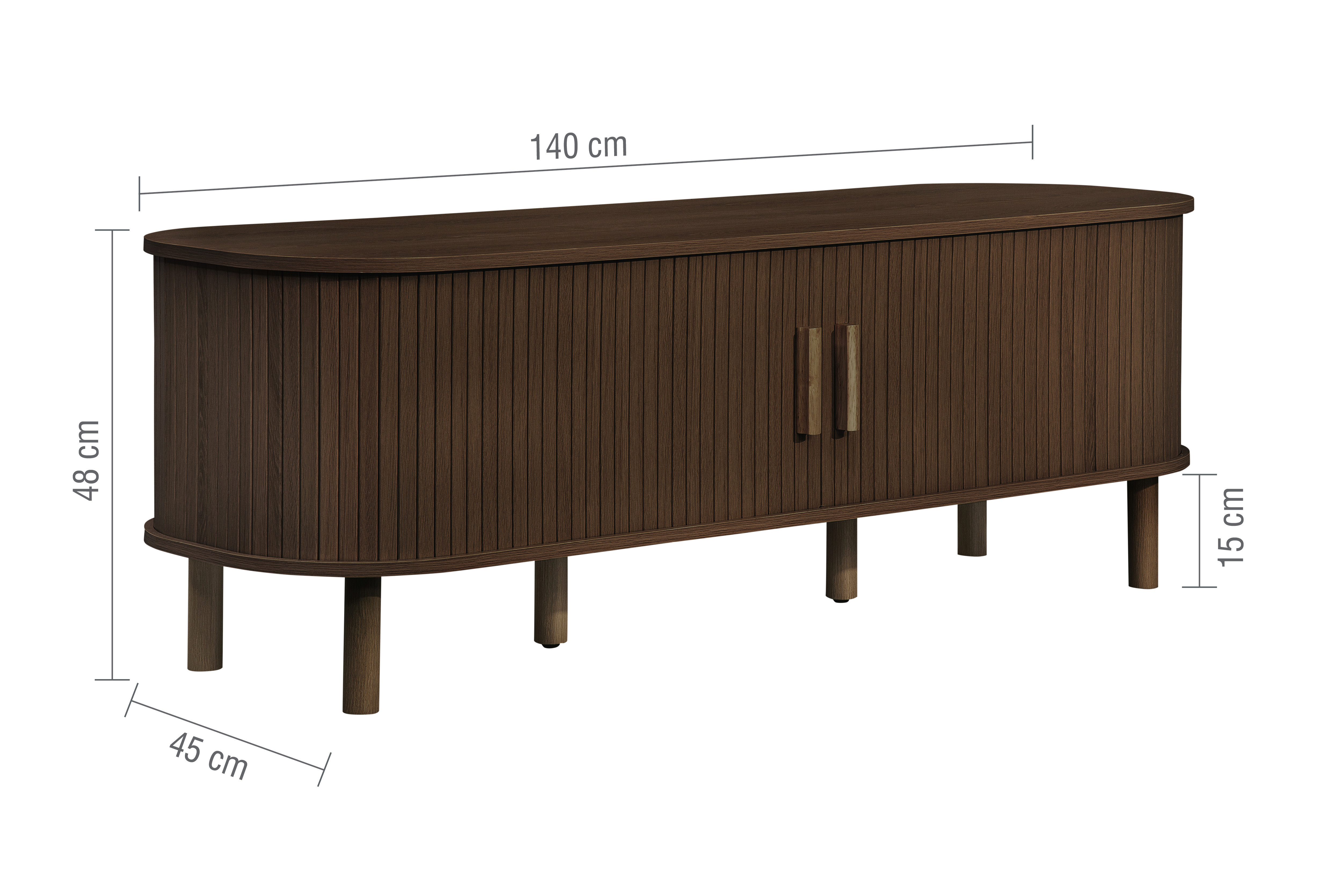 image cut out on white background of walnut wood effect tv unit, with black arrow line dimensions