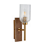cut out image of ribbed glass shade, antique brass arm and beechwood backplate of wall light