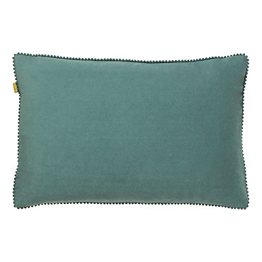 image cut out on white background of blue-green cushion with bobbled edges, on its side to show its plumpness