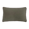 image cut out on white background of grey rectangular cushion edged with tiny pom poms