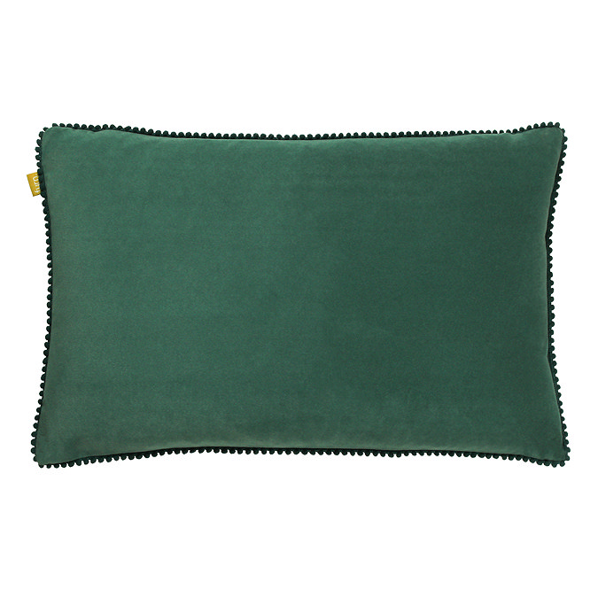image cut out on white background of green rectangular cushion edged with pompoms