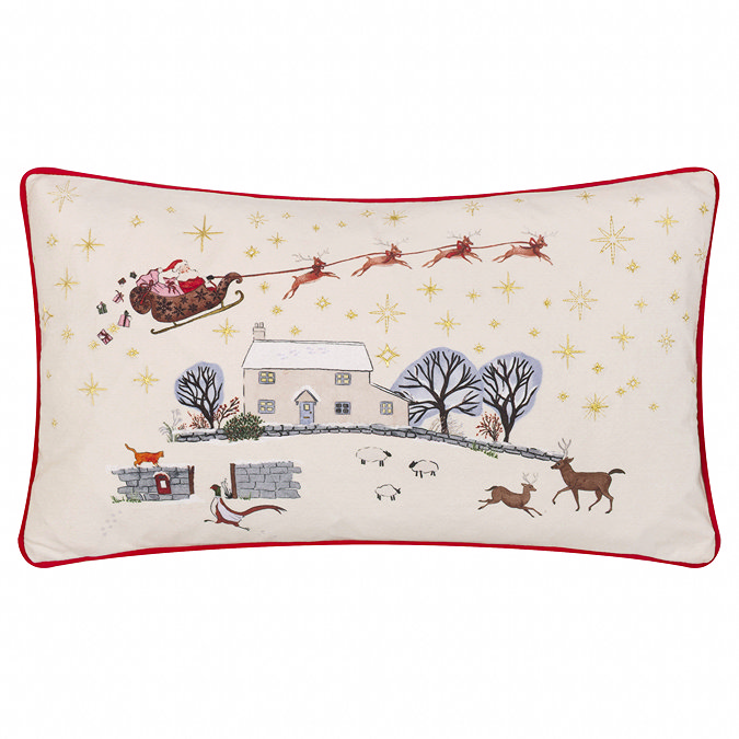 cotswold cushion, rectangular shape, cream with winter scene, cut out on white background