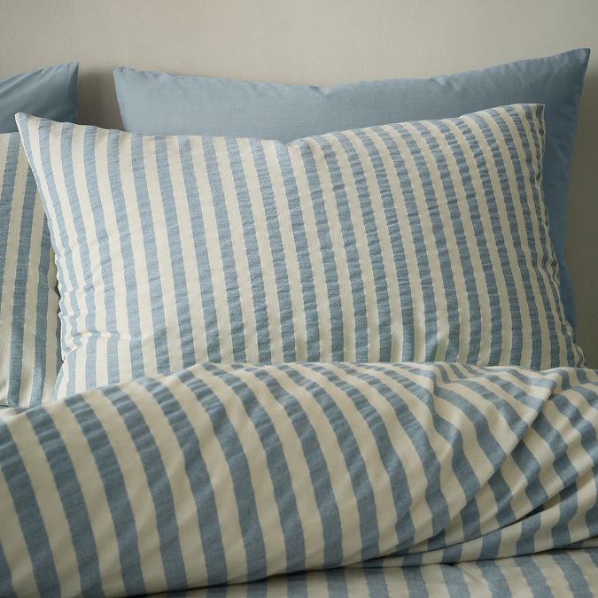 Cotton rich woven stripe blue on bed image 2