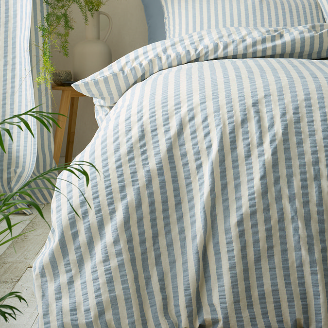Cotton rich woven stripe blue on bed image 3