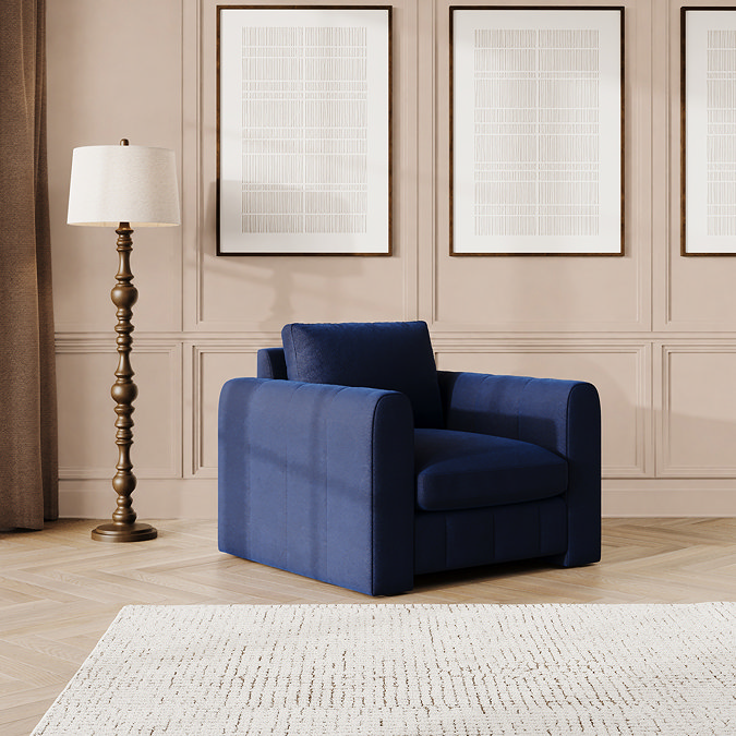 lifestyle image of indigo blue contemporary armchair