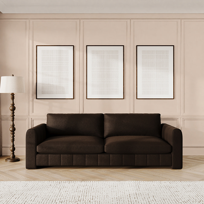lifestyle image of cocoa brown velvet contemporary grand sofa