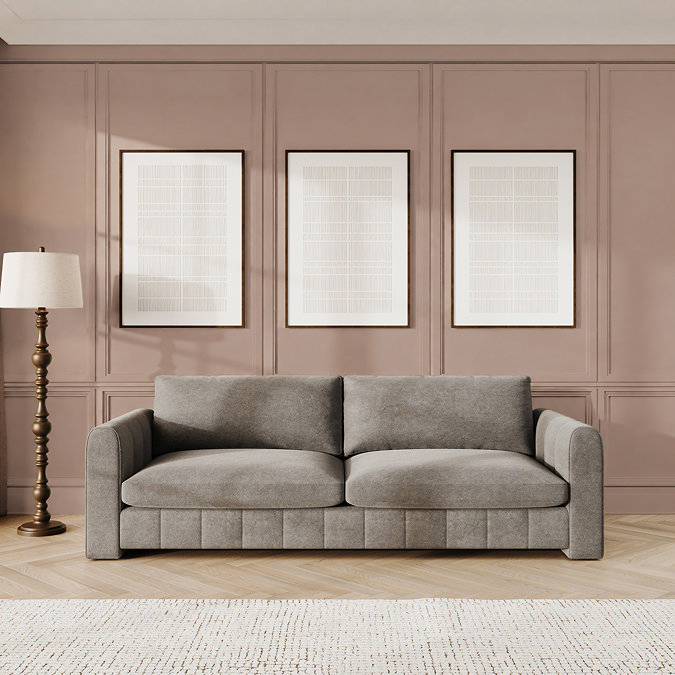 lifestyle image of platinum grey velvet contemporary grand sofa