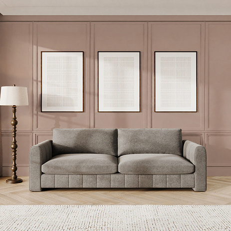 lifestyle image of platinum grey velvet contemporary grand sofa