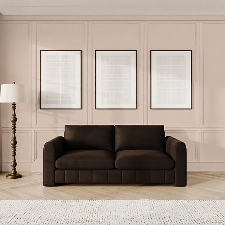 lifestyle image of cocoa velvet contemporary large sofa