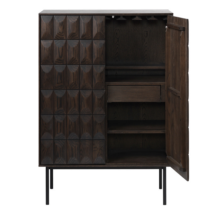 image cut out on white background of dark oak drinks cabinet with right door open to show storage inside