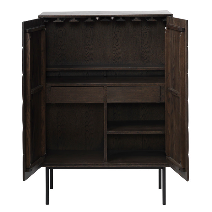 image cut out on white background of dark oak drinks cabinet with both doors open