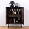 image of dark oak drinks cabinet with doors open, showing glasses and bottles inside on spacious shelving