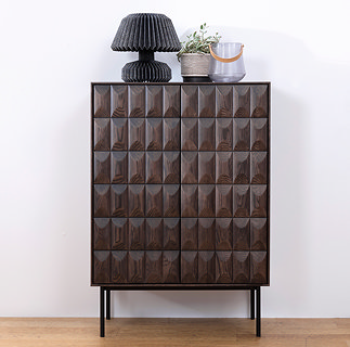 image of dark oak drinks cabinet with squared fronted cupboard doors, with lamp on top