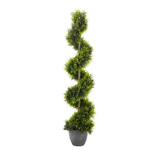 image cut out on white background of lush faux topiary twirl on a stick in a grey pot