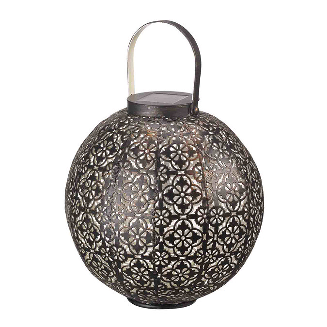 image cut out on white background of round bronze lantern with floral design 