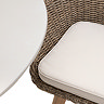 close up image of plush cream chair seat of wicker chairs
