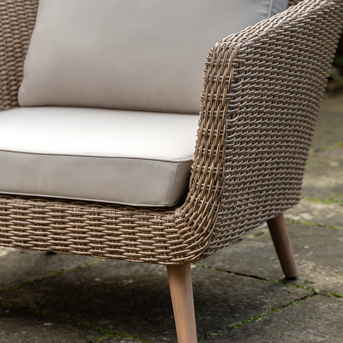 close up on wicker chairs with cream cushions