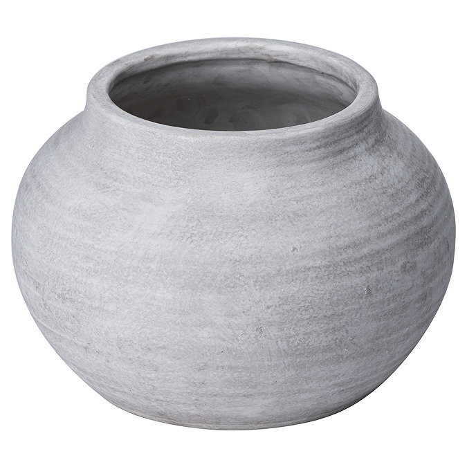 image cut out on white background of rounded ceramic planter in a stone colour